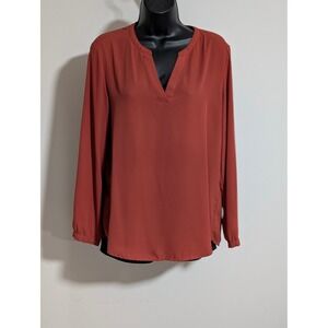 Adrianna Papell Blouse V-Neck Long Sleeve Casual Top Red Orange Size Medium